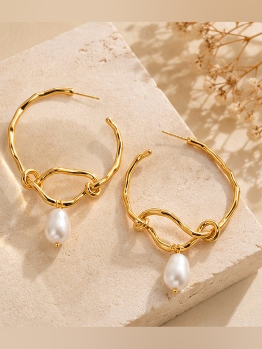 Gold Tone Pearl Drop Hoop Earrings Statement Dangle Jewelry